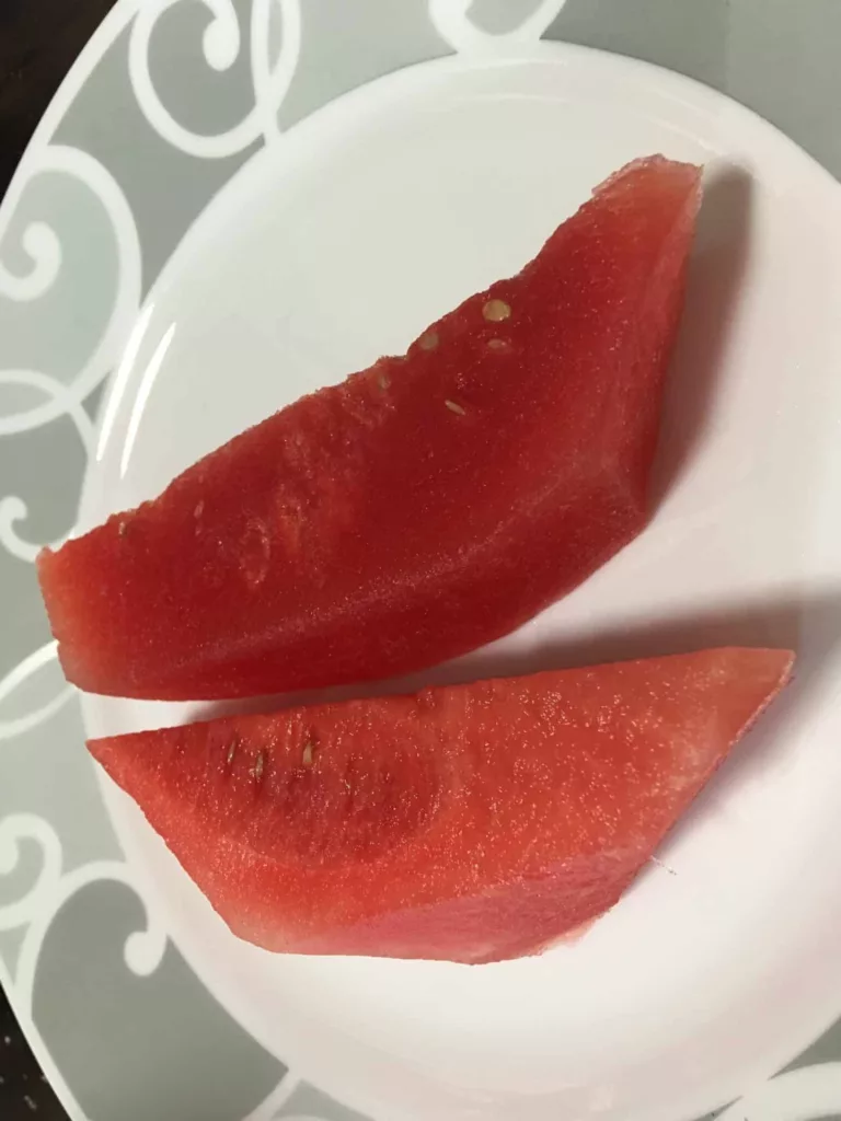 Compressed watermelon, before and after.
