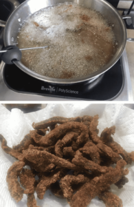 Deep fried beef strips for Calgary ginger beef.