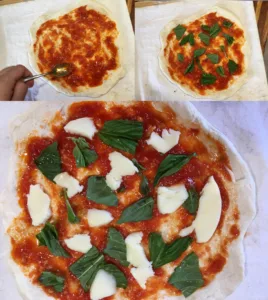 Assembling a Margherita pizza, step by step.