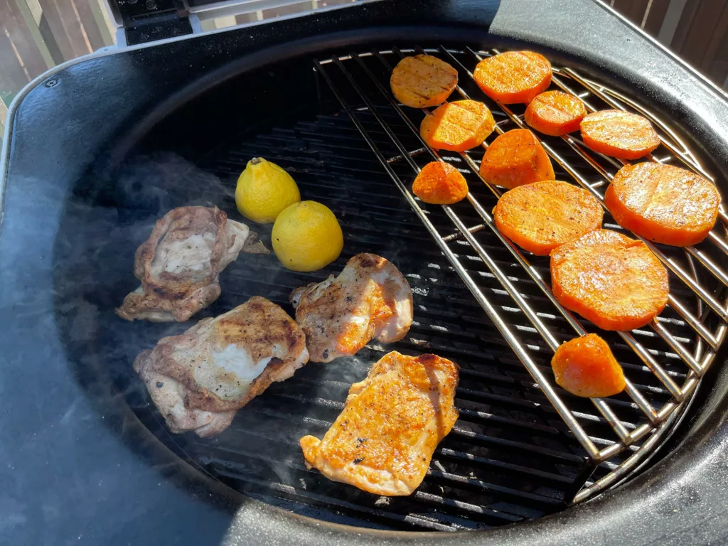 Chicken thighs and sweet potatoes cooked on the Everdure 4K.