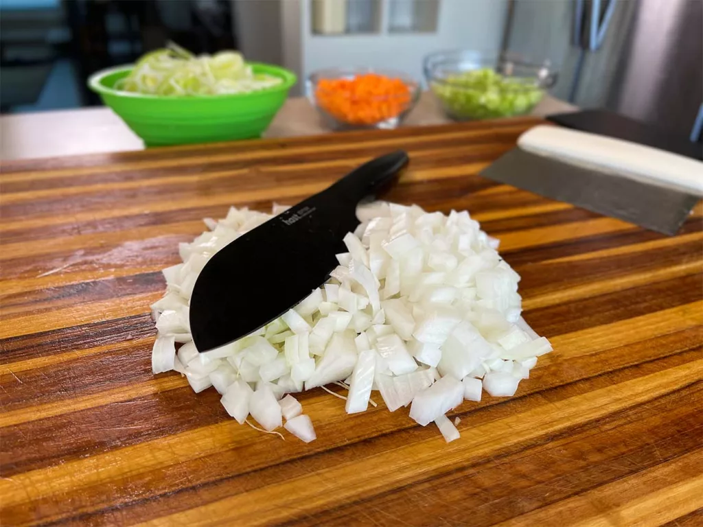 Dicing onions with a Hast santoku knife.