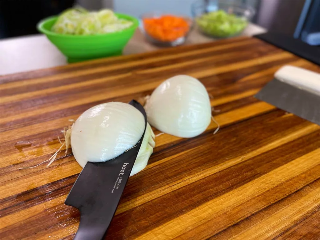 Dicing onions with a Hast santoku knife.