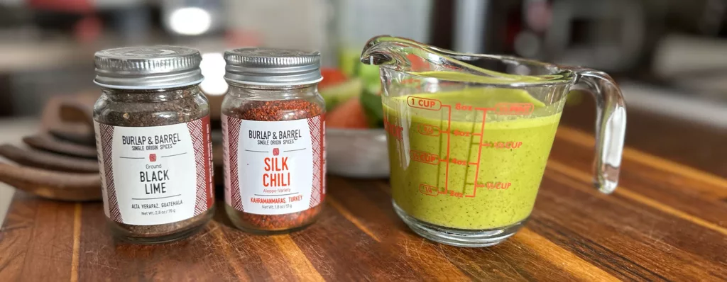 Black lime & chili salt citrus dressing:marinade made with black lime and silk chili from Burlap and Barrel.