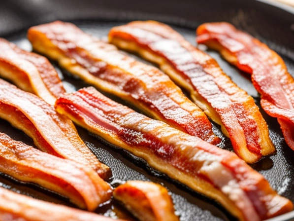 sizzling bacon in frying pan. zoomed in.