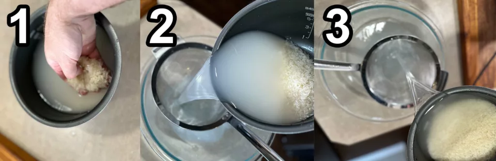 Three step rice cleaning process with Zojirushi rice cookers.